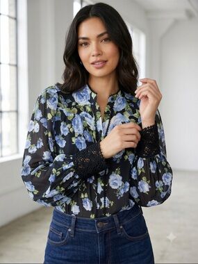 Alice + Olivia Black Floral Lace-Cuff Blouse